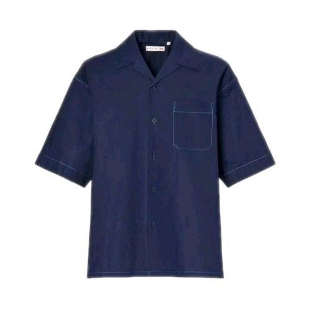 UNIQLO x MARNI Mens Open Collar Short Sleeve Shirt Sz M Oversized Navy Camp